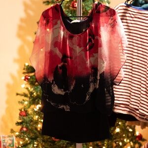 JM Collection Pink White and Dark Blue Watercolor Flutter Blouse Size:2X